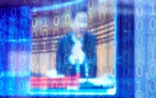 Xi Jinping speaking on blue background with digital symbols